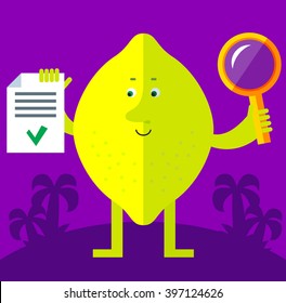 Lemon with magnifier glass and OK checklist. Successful searching. Flat style vector illustration . Funny cartoon character