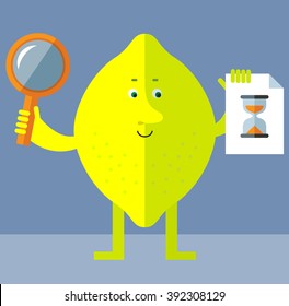 Lemon with magnifier glass and preloader icon. Searching. Flat style vector illustration . Funny cartoon character