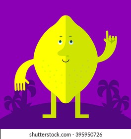 Lemon making attention gesture with forefinger. Flat style vector illustration . Funny cartoon character