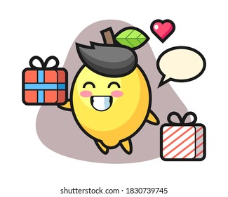 Lemon mascot cartoon giving the gift