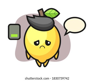 Lemon mascot character doing a tired gesture