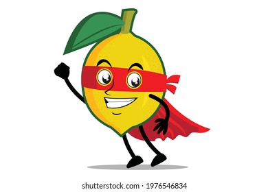 Lemon Mascot as a superhero wearing a cloak and costume, ready to take flight
