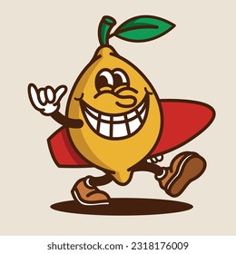 lemon mascot with a surf board with happy expression