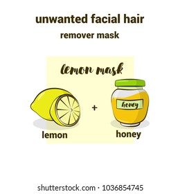 Lemon mask for unwanted facial hair removal. Lemon and honey illustration for accompanying text in the blog, magazines. Natural cosmetics and skin care.