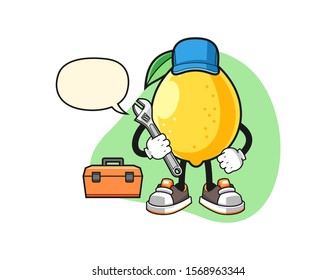 Lemon mechanic with speech bubble cartoon. Mascot Character vector.