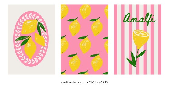 Lemon Mediterranean posters set. Naive cute elegant textured illustration of lemons, frame, stripes, wreath, and pattern for background, card, invitation. Vector