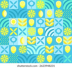 Lemon minimalistic geometric background. Vector abstract style pattern. Bauhaus trend. Abstract illustration of lemon, leaves, symbols. Simple icon.