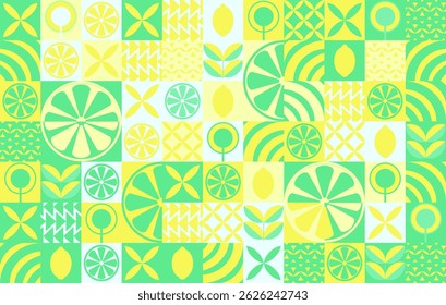 Lemon minimalistic geometric background. Vector abstract style pattern. Bauhaus trend. Abstract illustration of lemon, leaves, symbols. Simple icon.