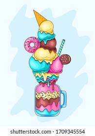 Lemon, mint and chocolate cocktail with ice cream, biscuits, donut, syrup and sprinkles in cocktail jar. Milkshake vector illustration.