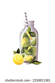 Lemon and mint drink. Healthy eating, cooking, menu, detox, cocktail concept. Isolated vector illustration.