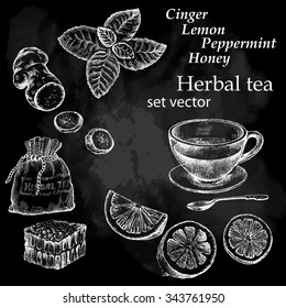  Lemon, mint, ginger,  tea. Hand drawn illustration.  Herbal tea. Chalkboard background.