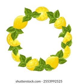 Lemon with mint leaves on a white background. Circle frame with an empty text place. Banner, poster, wrapping paper, sticker, print, modern textile design. Vector hand drawn illustration.