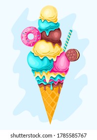 Lemon, Mint, Pink And Chocolate  Ice Cream With Biscuits, Donut, Syrup And Sprinkles In Waffle Cone. Vector Illustration.