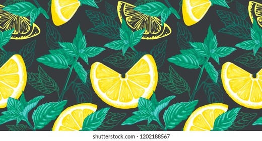 Lemon and mint  seamless pattern. Ink sketch lemons, ginger, mint. Citrus fruit background. Elements for menu, greeting cards, wrapping paper, cosmetics packaging, posters etc