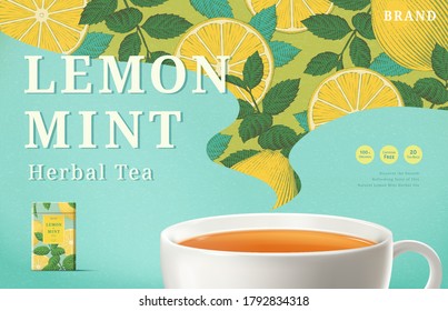 Lemon mint tea ads with engraving pattern in hot steam shape, 3d illustration tea cup and packaging on turquoise background