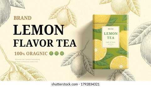 Lemon mint tea ads with engraving ingredients background on beige background, 3d illustration green and yellow packaging