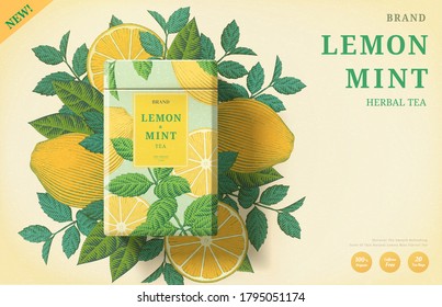 Lemon mint tea ads with engraving ingredients background on beige background, 3d illustration yellow and mint color packaging