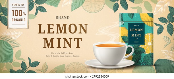 Lemon mint tea banner ads with engraving ingredients frame, 3d illustration tea cup and packaging
