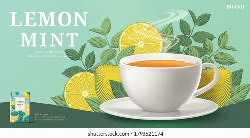 Lemon mint tea banner ads with engraving ingredients background, 3d illustration tea cup and packaging