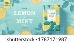 Lemon mint tea paper can packaging lying on exquisite engraving banner background