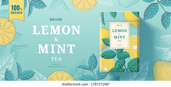 Lemon mint tea paper can packaging lying on exquisite engraving banner background