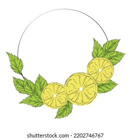 Lemon and mint wreath vector stock illustration. A vignette flowers. Template for an invitation card. A circle of fresh herbs and leaves.  Isolated on a white background.