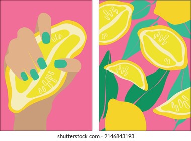 Lemon in modern style. A woman's hand with a manicure holds a lemon. Set of vector illustrations on a pink background. Modern contemporary vector illustration. Minimal abstract background.