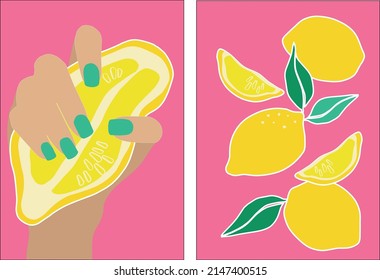 Lemon in modern style. A woman's hand with a manicure holds a lemon. Set of vector illustrations on a pink background. Modern contemporary vector illustration. Minimal abstract background. 