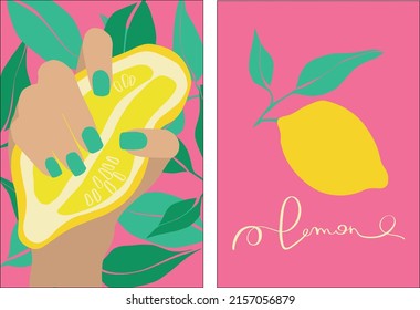 Lemon in modern style. A woman's hand with a manicure holds a lemon. Set of vector illustrations on a pink background. Modern contemporary vector illustration. Minimal abstract background. 