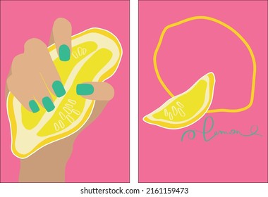 Lemon in modern style. A woman's hand with a manicure holds a lemon. Set of vector illustrations on a pink background. Modern contemporary vector illustration. Minimal abstract background. 