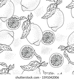 Lemon  monochrome endless background hand drawn vector. Citrus doodle seamless isolate on white background for interior design 