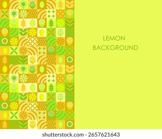 Fondo abstracto de mosaico de limón. Patrón de cítricos frescos geométricos. Fondo de pantalla exótico minimalista. Plantilla moderna para el papel, materia textil, paquete, tela.