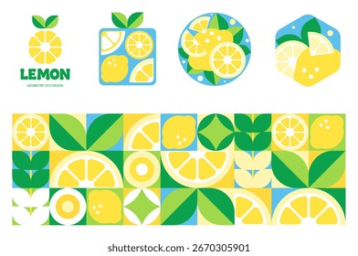 Geometrisches Muster aus Zitronenmosaik mit Logo-Elementen in einer Vektorgrafik