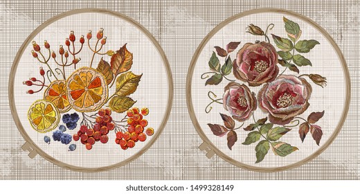 Lemon, mountain ash berries, cinnamon, carnation and roses flowers. Embroidery collection. Template tambour frame with a canvas, elements from stitches. Art for clothes 