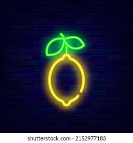 Lemon neon icon. Summer signboard. Tropical citrus. Healthy food concept. Fruit shop sign. Shiny effect banner. Pictogram on brick wall. Glowing label. Editable stroke. Vector stock illustration