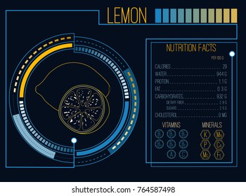 Lemon. Nutrition facts. Vitamins and minerals. Futuristic  Interface. HUD infographic elements. Flat design, no gradient. Vector illustration