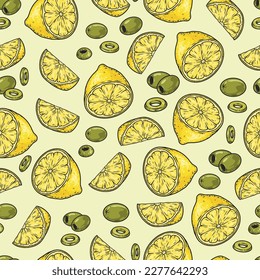 Lemon y aceitunas patrón sin fisuras colorido con aperitivo en rodajas para tequila para decorar el menú de cócteles de barra ilustración vectorial