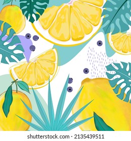 Lemon on abstract background.Fruit pattern.Lemon banner.tropical.Summer banner