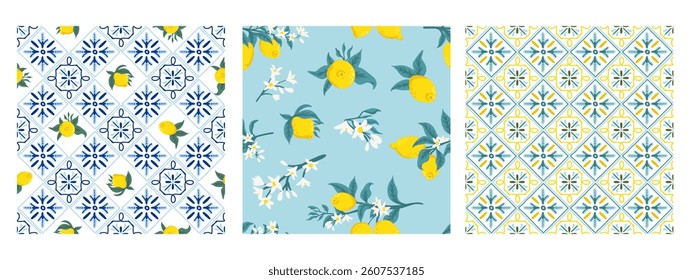 Lemon on azulejos ceramic tile seamless pattern collection. Mediterranean Portuguese texture