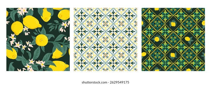 Limón en azulejos de cerámica de azulejos de colección sin patrón. Textura portuguesa mediterránea