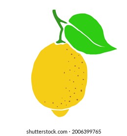 Lemon on a branch with a green leaf. Yellow summer citrus. Hand drawn cartoon tropical juicy fruit. Stock vector flat illustration isolated on white background.