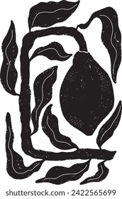 Limón en una rama, Matisse. Composición de textura negra con limón y hojas. En el estilo de linocut, imprimir, tinta. Vector