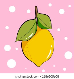lemon on a branch on a pink background with leaves.
