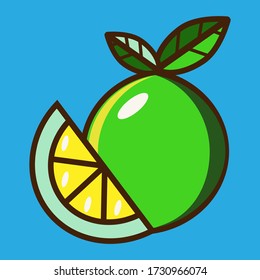 lemon on in a bright cartoon style. Lime vector in nice colors isolated on a blue background.