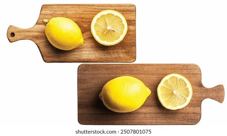 lemon on cutting wood board isolated 