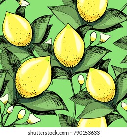 lemon on green background seamless pattern