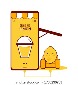 Lemon on mobile phone. Beverage online. Power up with lemon. Refreshing drink. Cute lemon style. Illustration vector.