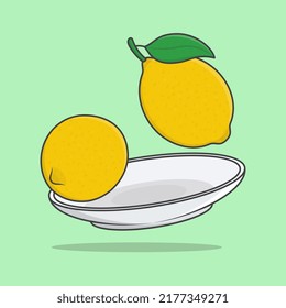 Lemon On A Plate Cartoon Vector Illustration. Lemon Fruit Flat Icon Outline