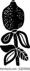 Limón en un tallo. Fruta negra estilizada. Elementos de diseño dibujados a mano en estilo de linocut