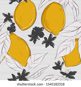 Lemon on striped white black contrast background. Vector hand-drawn fruit pattern with flowers and leaves. Organic botanical pattern. Juice nature minimalistic design 